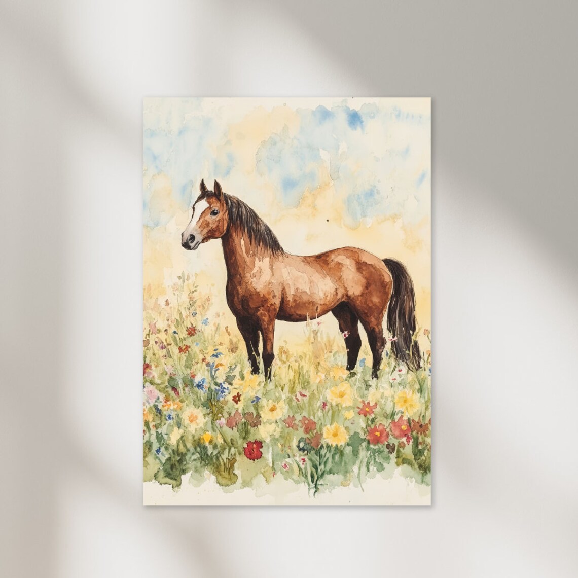 Sunny Brown Horse Standing in Wildflower Meadow Watercolor Poster