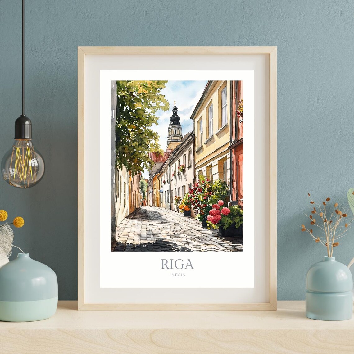 Riga Latvia Cobblestone Street Flowers Watercolor Travel Poster - Image 2