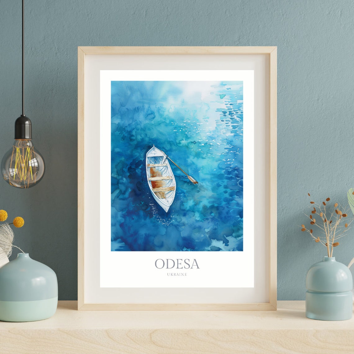 Odesa Ukraine Watercolor Rowboat On Turquoise Sea Travel Poster - Image 2