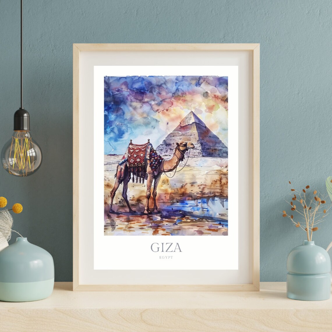 Giza Egypt Watercolor Travel Poster with Camel and Pyramid Scene - Image 2