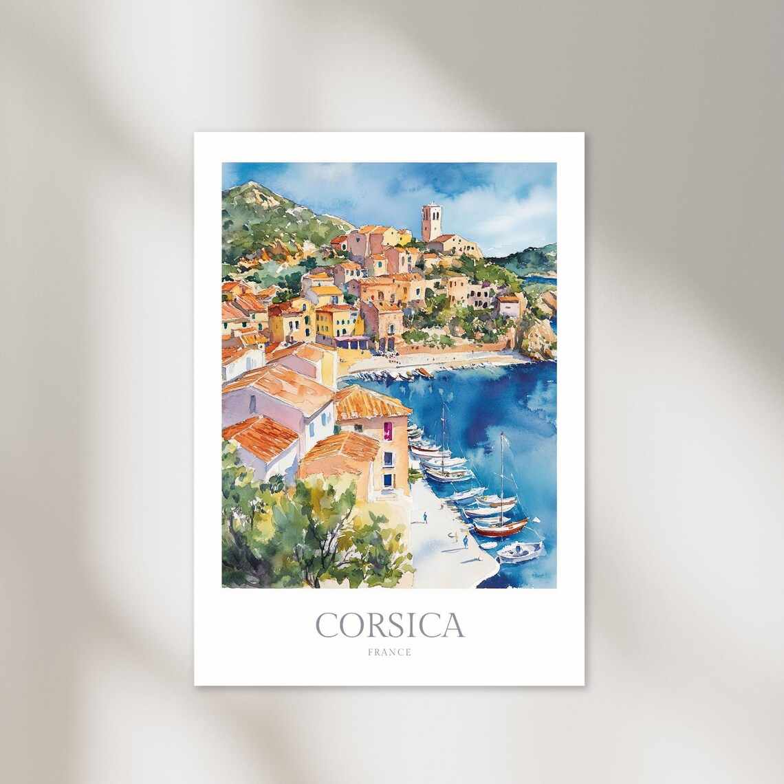 Corsica France Coastal Village Harbour Boats Watercolor Travel Poster