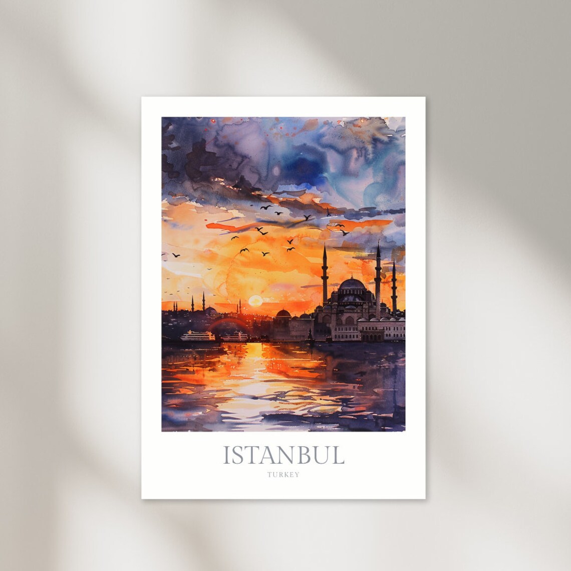 Istanbul Turkey Golden Sunset Mosque Bosphorus Watercolor Poster