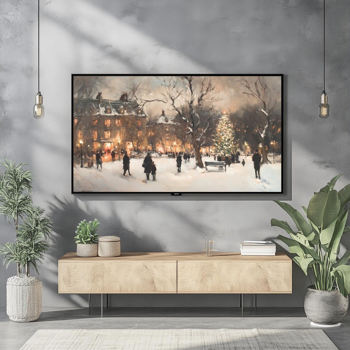 Cozy Christmas Tree Snowy Village Vintage Painting Frame TV Poster - Image 2
