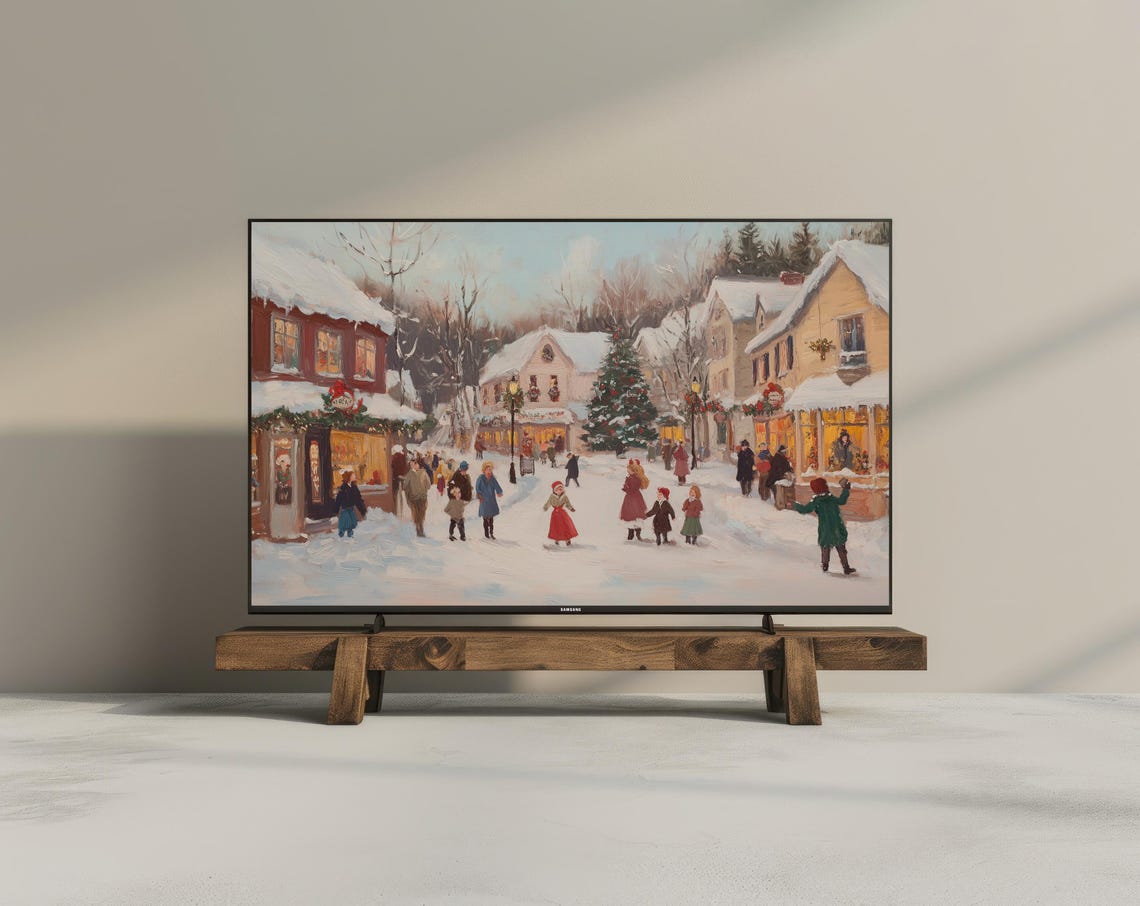 Snowy Village Frame Tv Art Cozy Vintage Christmas Landscape Tv Art Oil Painting Christmas Cottagecore Decor Winter Holiday Frame Tv - Image 3