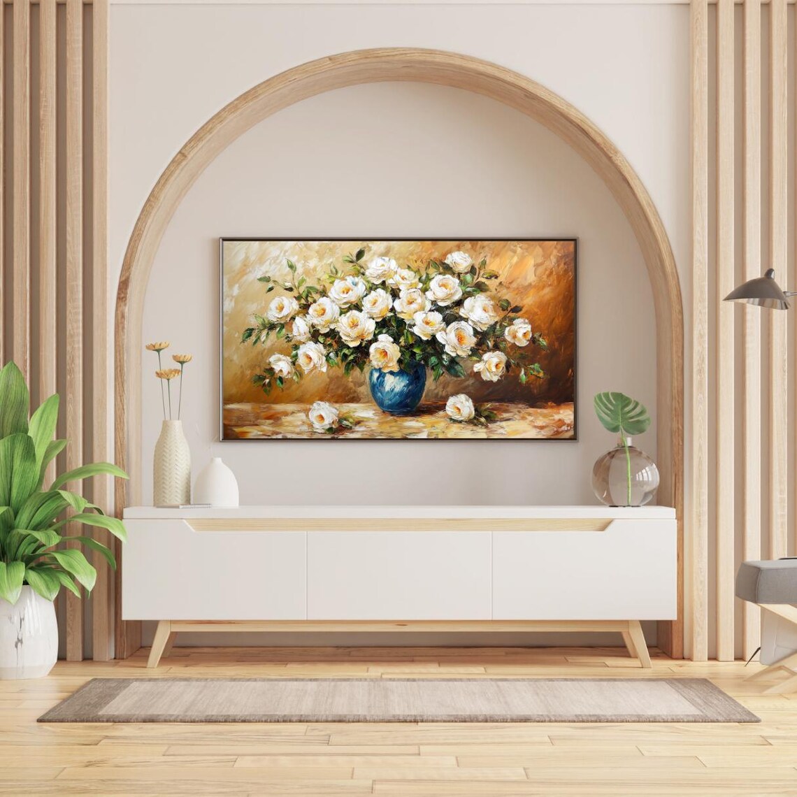 White Roses In Blue Vase Impasto Oil Still Life Floral Painting Poster - Image 2