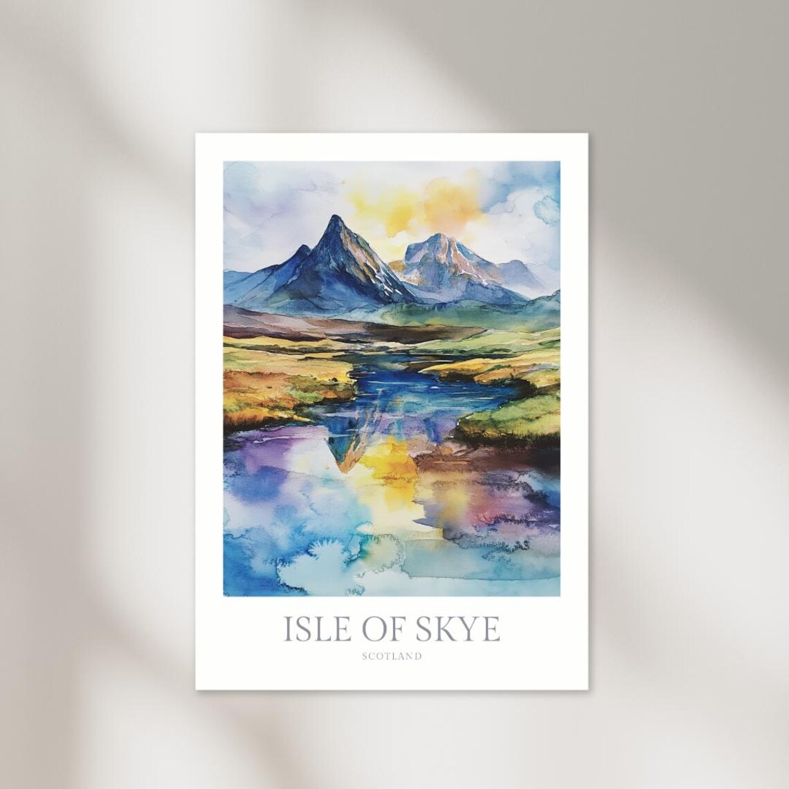 Isle of Skye Scotland Mountain Lake Reflection Watercolor Poster