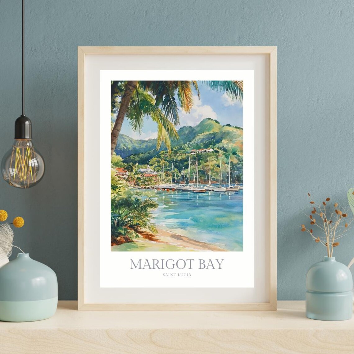 Marigot Bay Saint Lucia Harbor Sailboats Watercolor Poster Art - Image 2