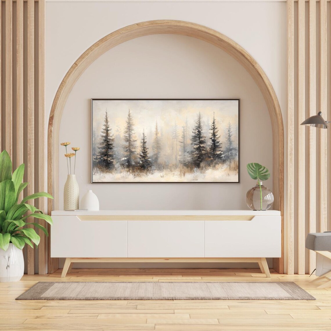 Neutral Beige Misty Pine Forest Minimal Winter Watercolor Wall Art - Image 2