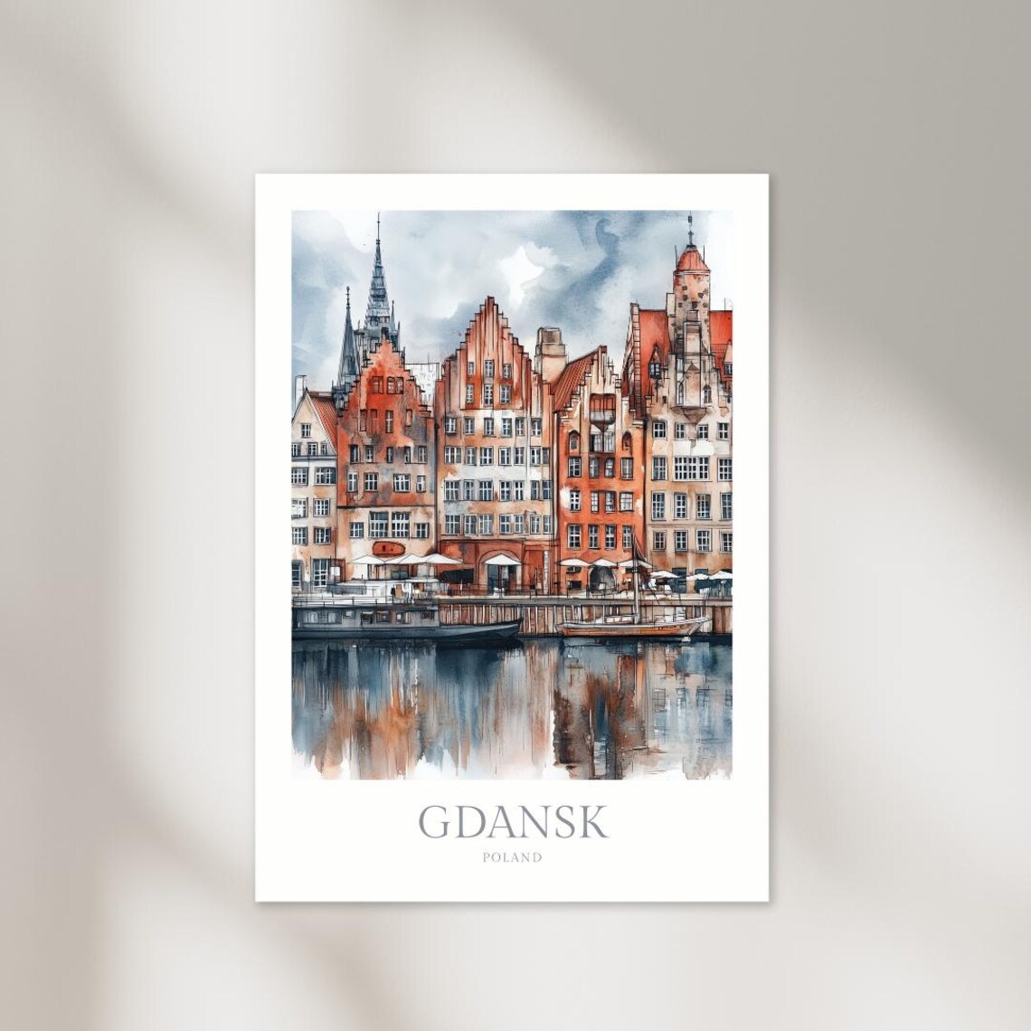 Gdansk Poland Waterfront Red Brick Houses Watercolor Travel Poster