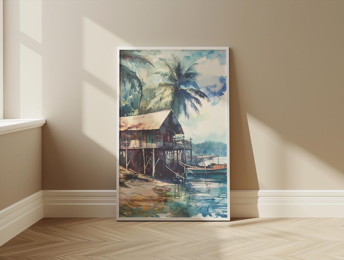 Philippines Tropical Stilt House Watercolor Beach Art Poster - Image 3