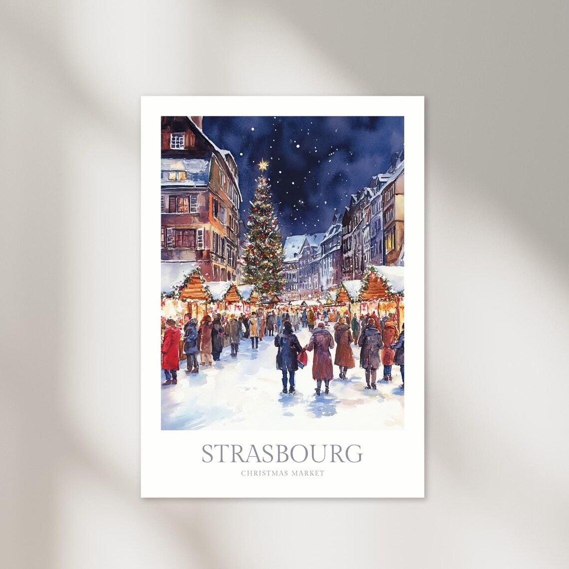 Strasbourg Christmas Market Snowy Night Tree Watercolor Wall Art