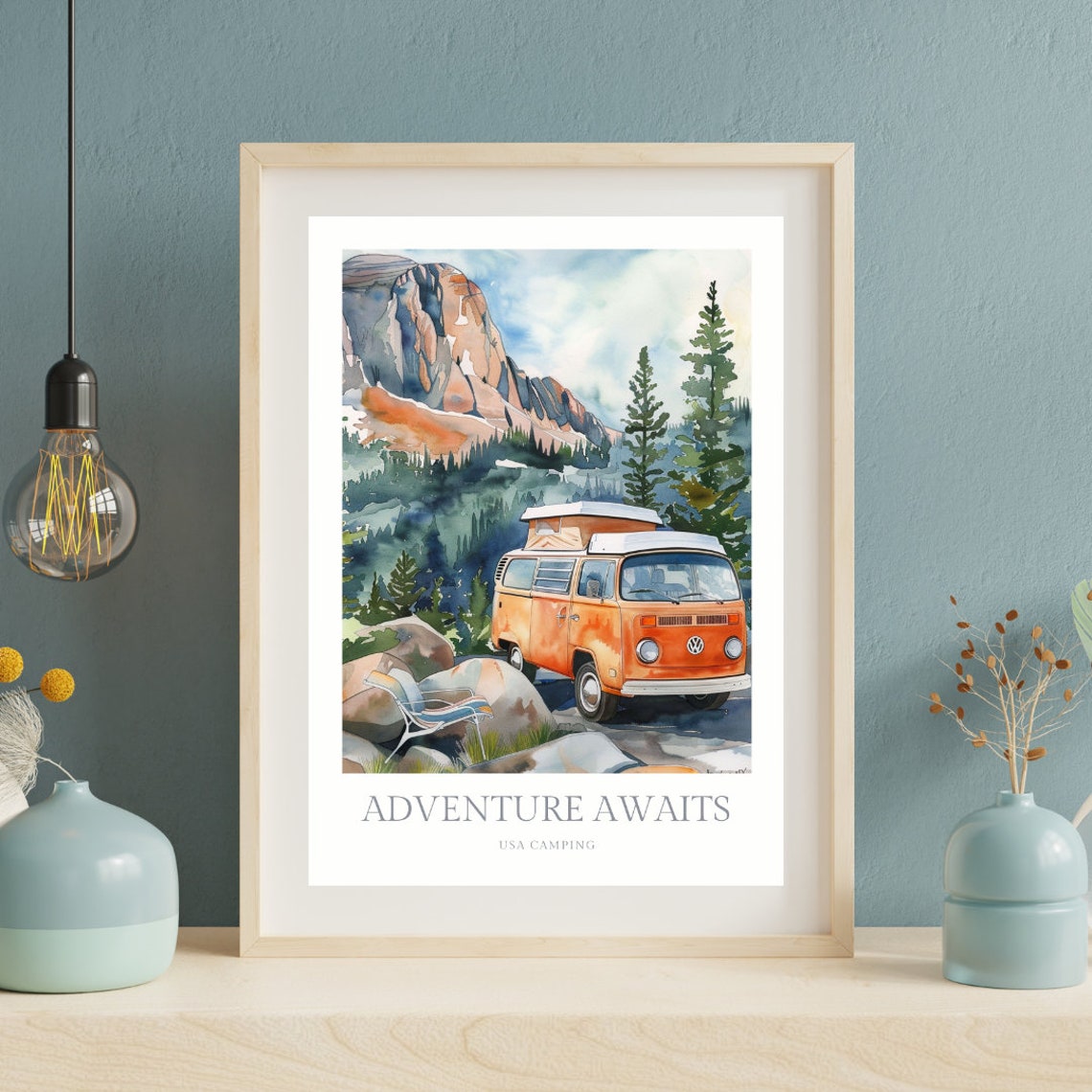Adventure Awaits Camper Van Watercolor Mountain Camping Poster - Image 2