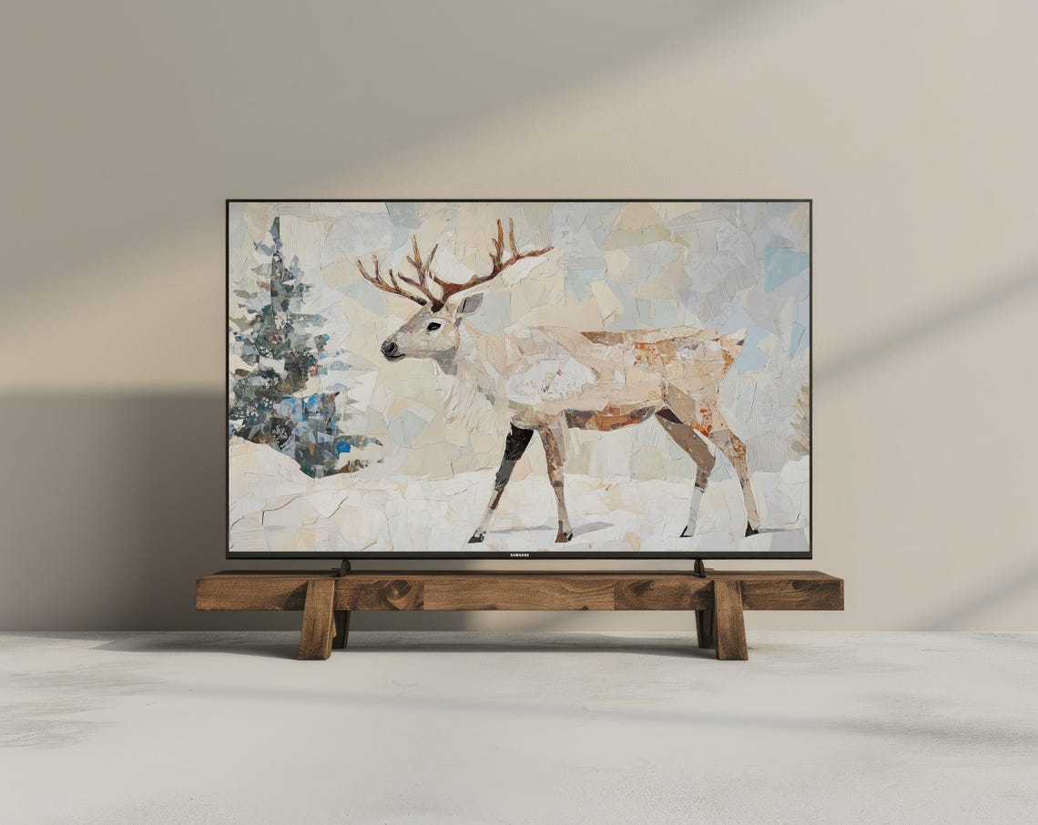 Winter Reindeer Snow Scene Textured Painting Frame TV Art Print