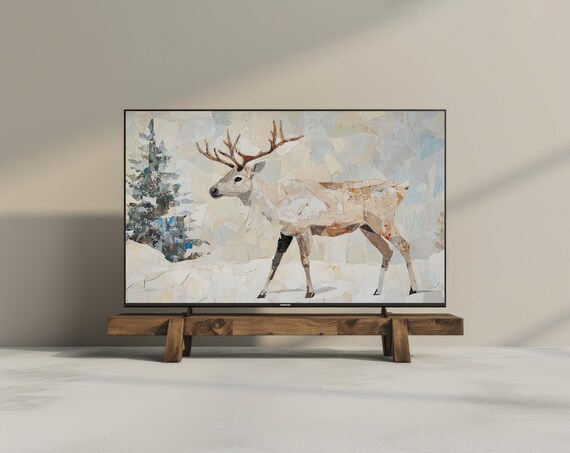 Winter Reindeer Snow Scene Textured Painting Frame TV Art Print