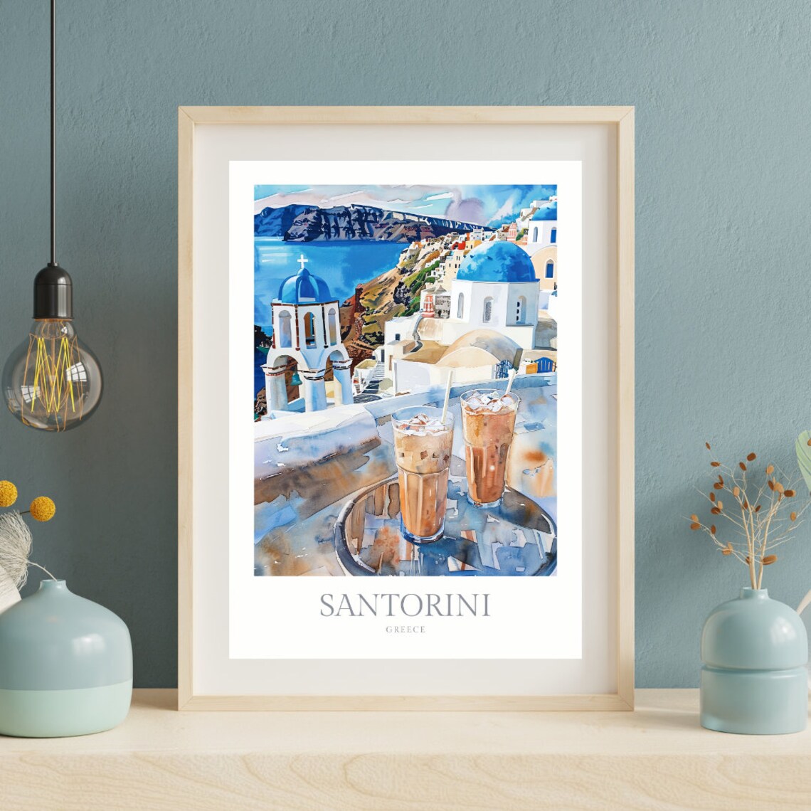 Santorini Greece Blue Domes Iced Coffee Watercolor Travel Poster - Image 2