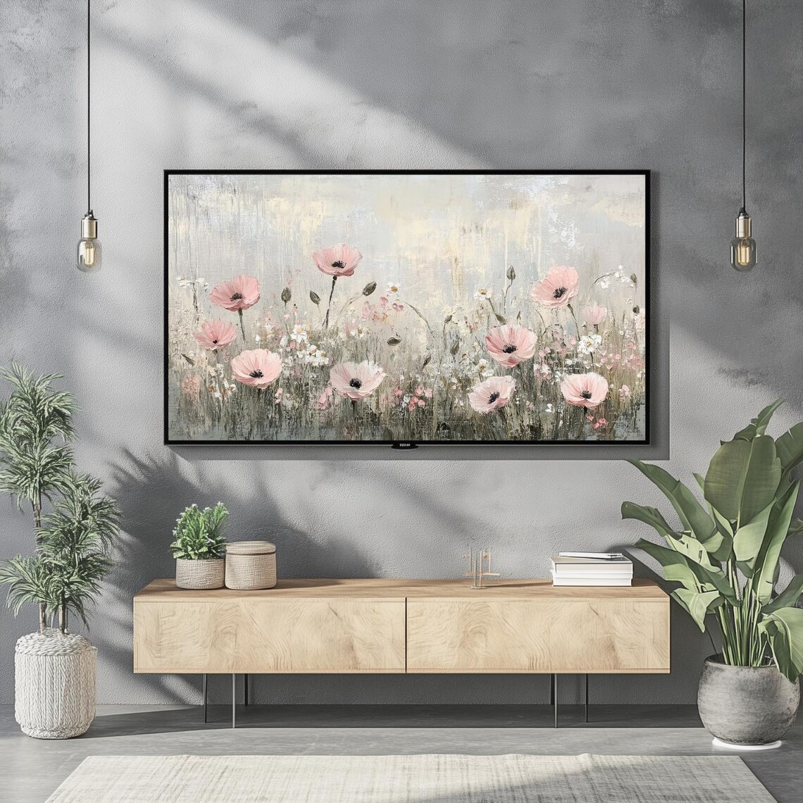 Blush Pink Poppies Field Muted Vintage Floral Oil Painting Wall Art - Image 2