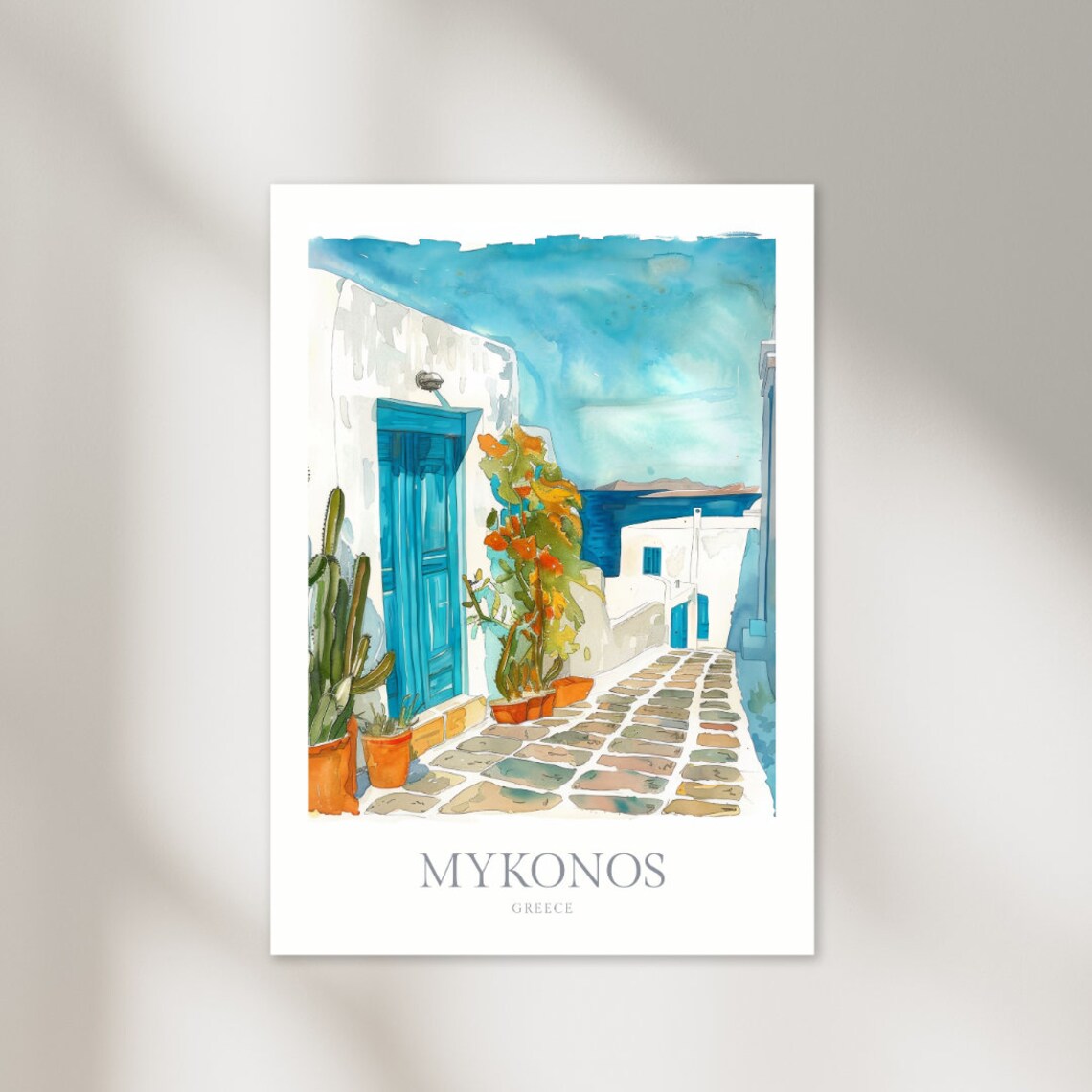 Mykonos Greece Whitewashed Alley Blue Door Watercolor Travel Poster