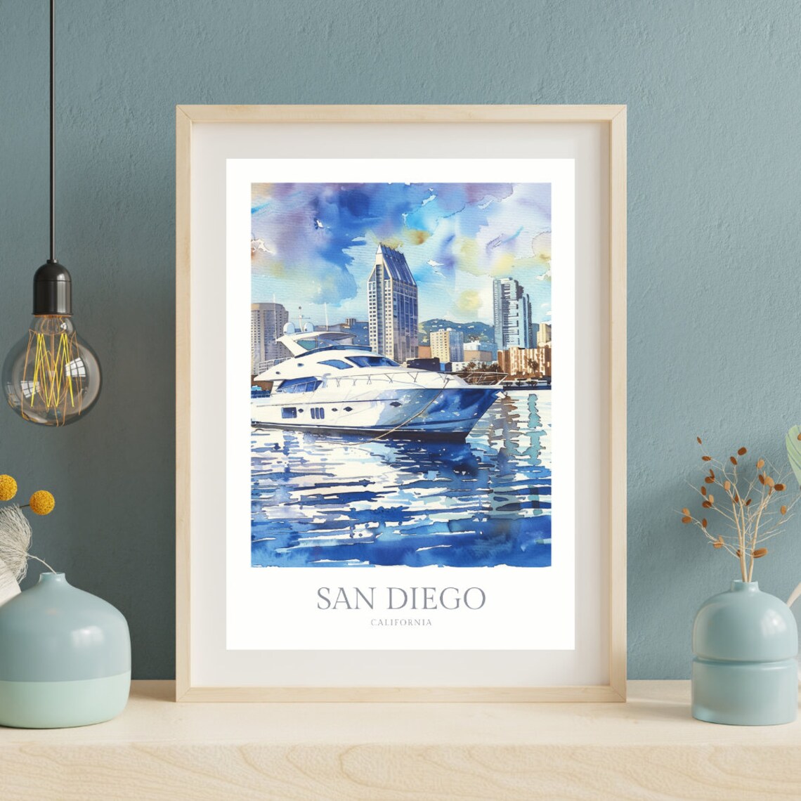 San Diego California Harbor Yacht Watercolor City Travel Poster - Image 2