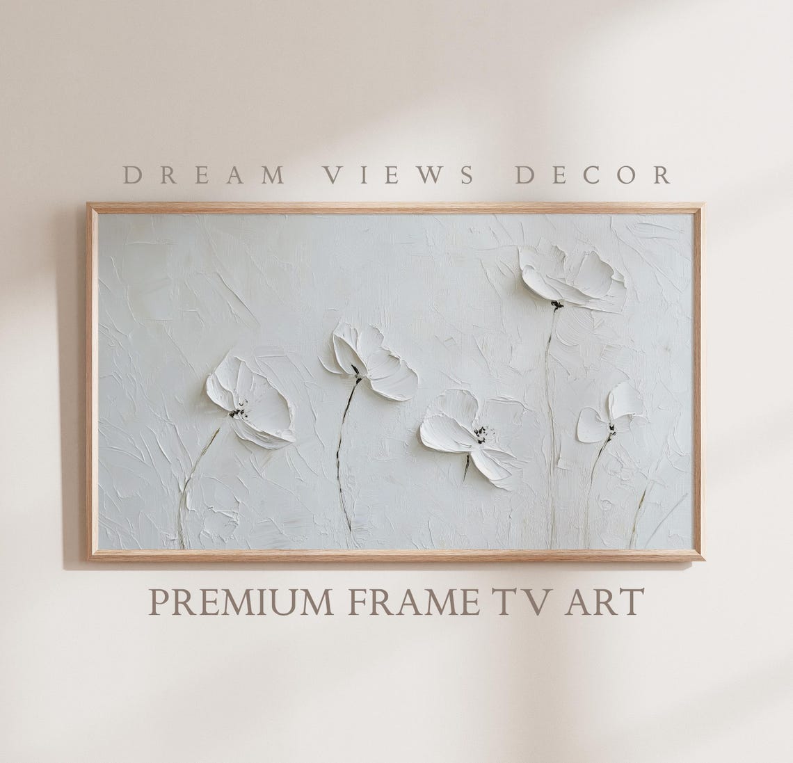 White Textured Poppies Neutral Impasto Minimalist Frame TV Art Print