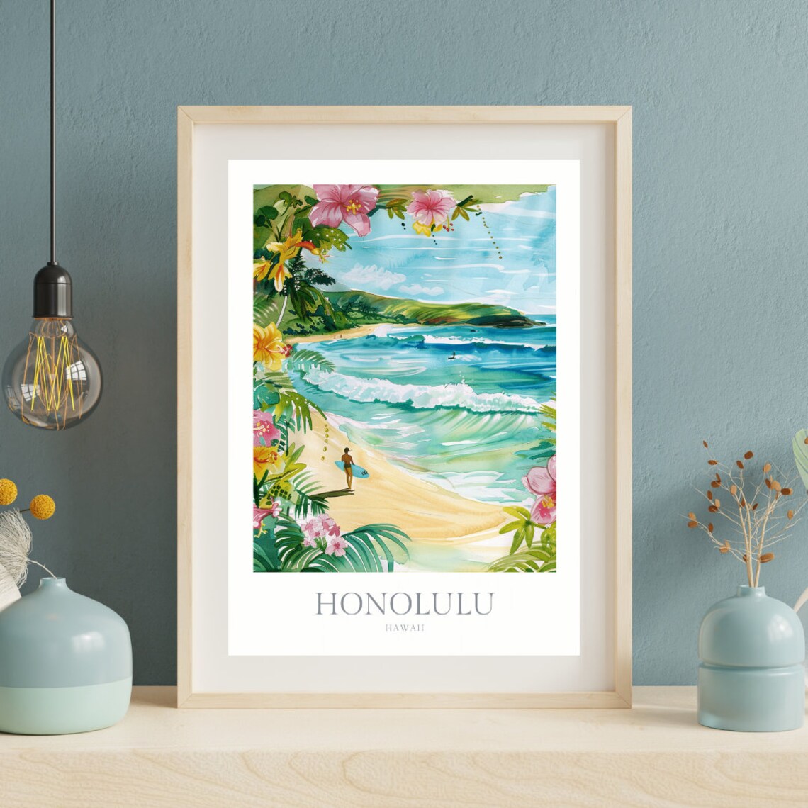 Honolulu Hawaii Surf Beach Tropical Flowers Watercolor Poster - Image 2