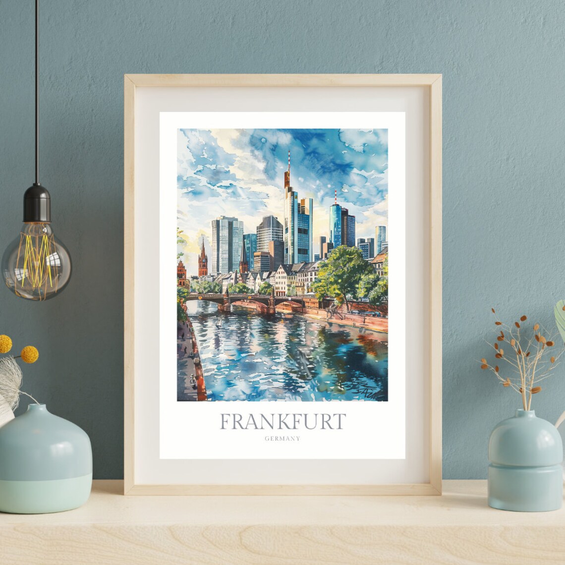Frankfurt Germany Watercolor Skyline River Bridge City Travel Poster - Image 2