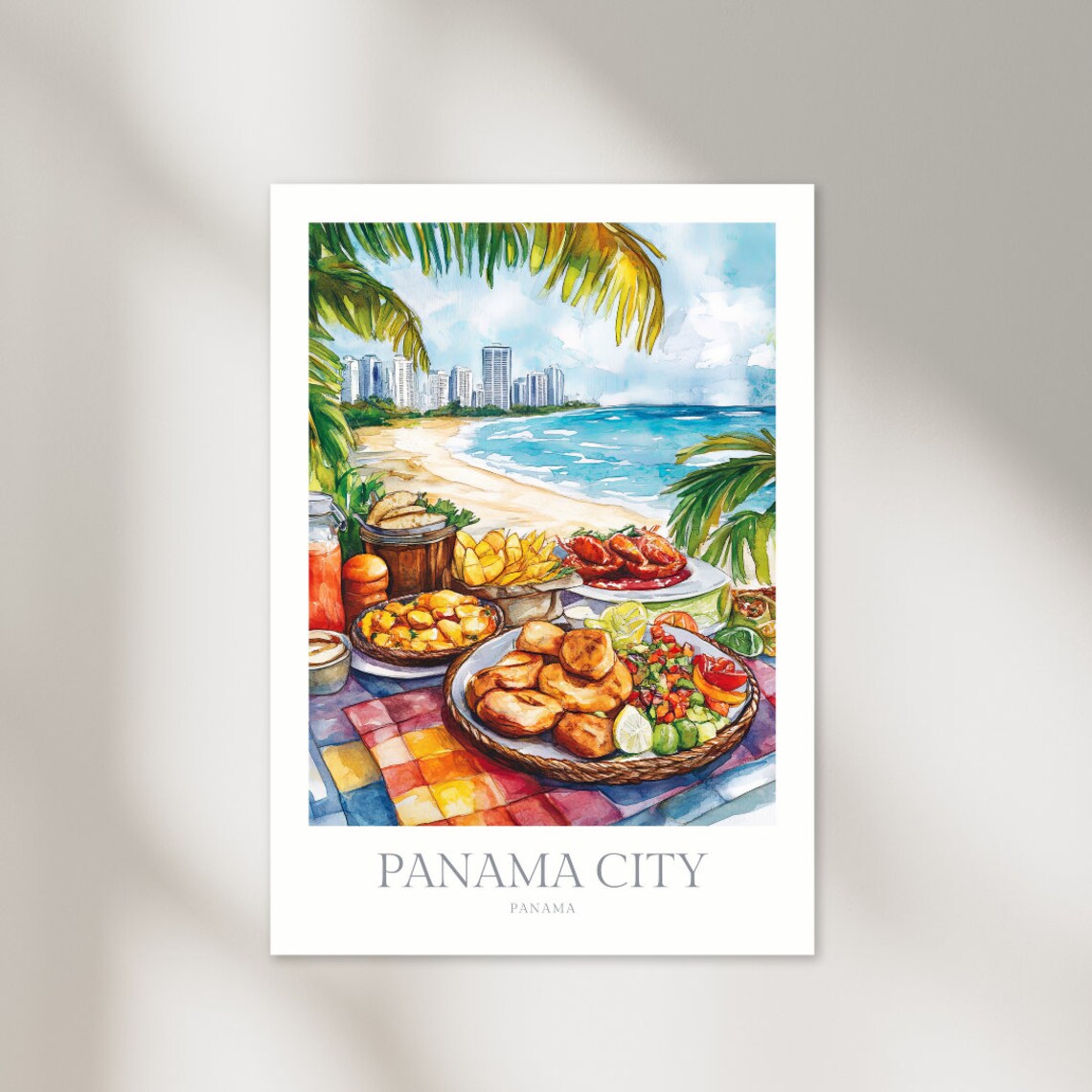 Panama City Tropical Beach Food Feast Watercolor Travel Poster