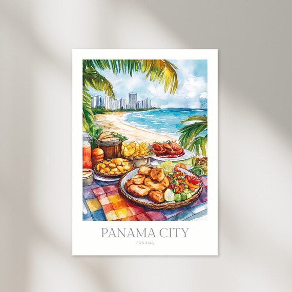 Panama City Tropical Beach Food Feast Watercolor Travel Poster
