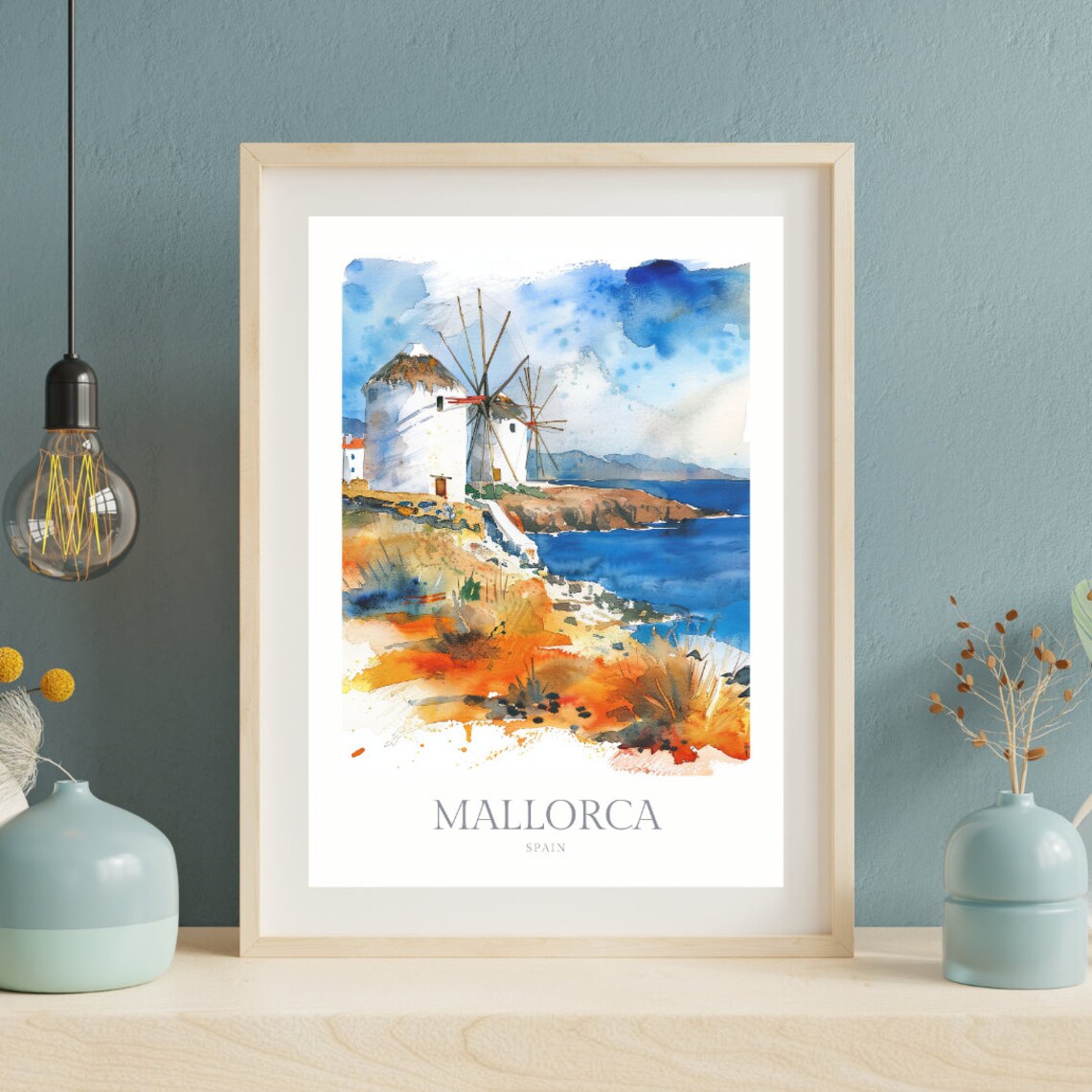 Mallorca Spain Coastal Windmill Cliffs Watercolor Travel Poster - Image 2