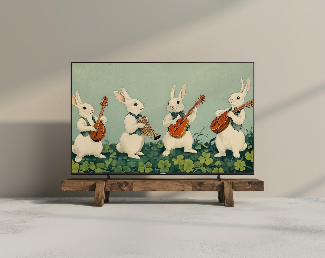 Vintage Easter Bunny Quartet Playing Instruments In Clover Meadow Art Print - Image 3
