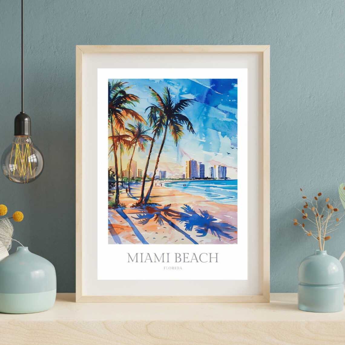 Miami Beach Florida Palm Trees Skyline Watercolor Artwork Poster - Image 2