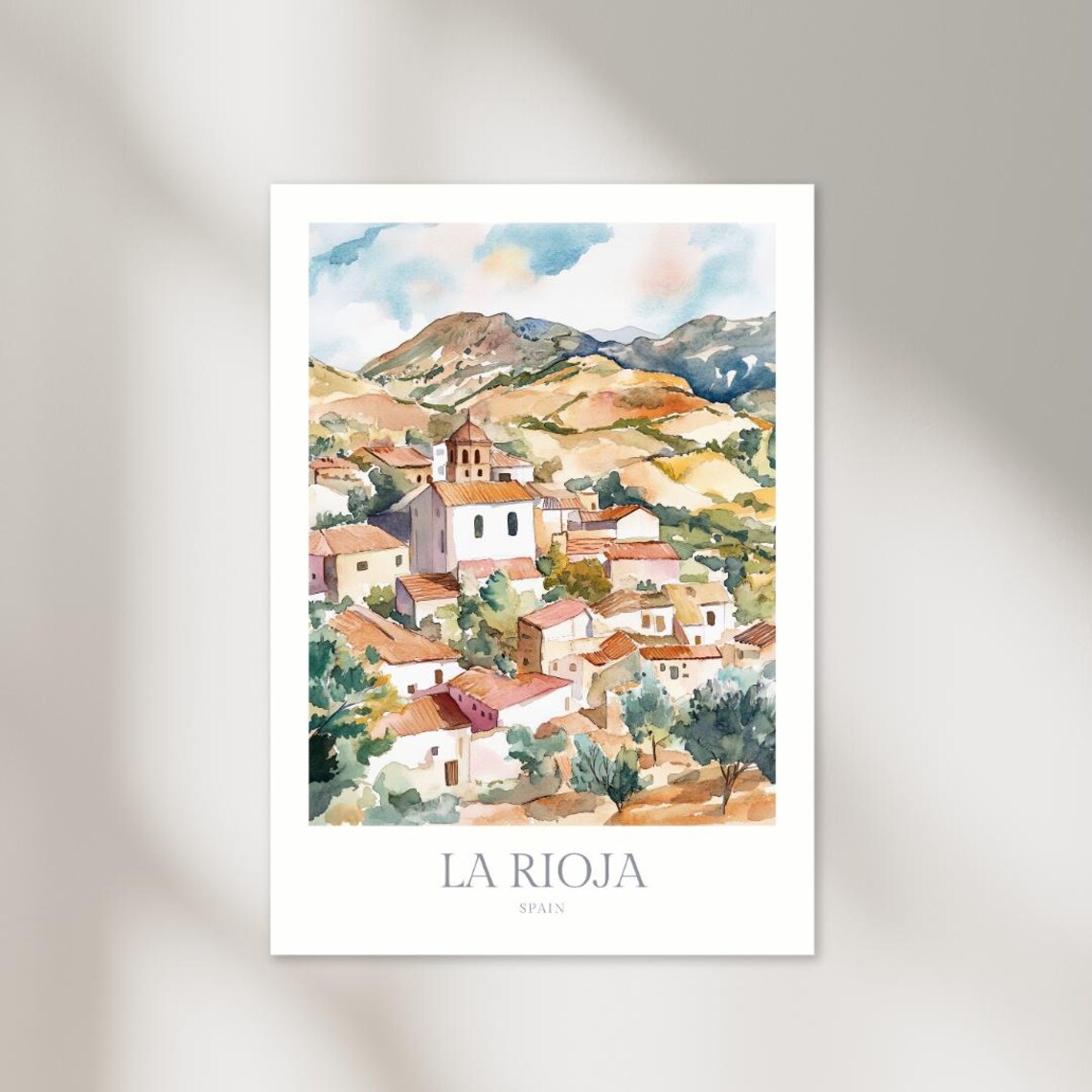 La Rioja Spain Hilltop Village Church Watercolor Travel Poster
