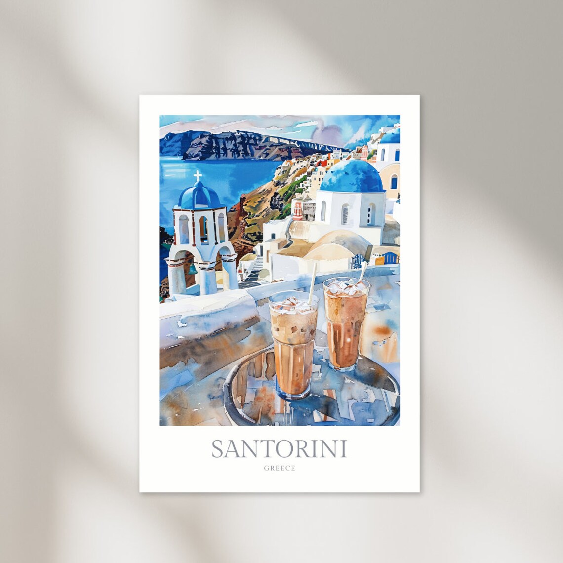 Santorini Greece Blue Domes Iced Coffee Watercolor Travel Poster