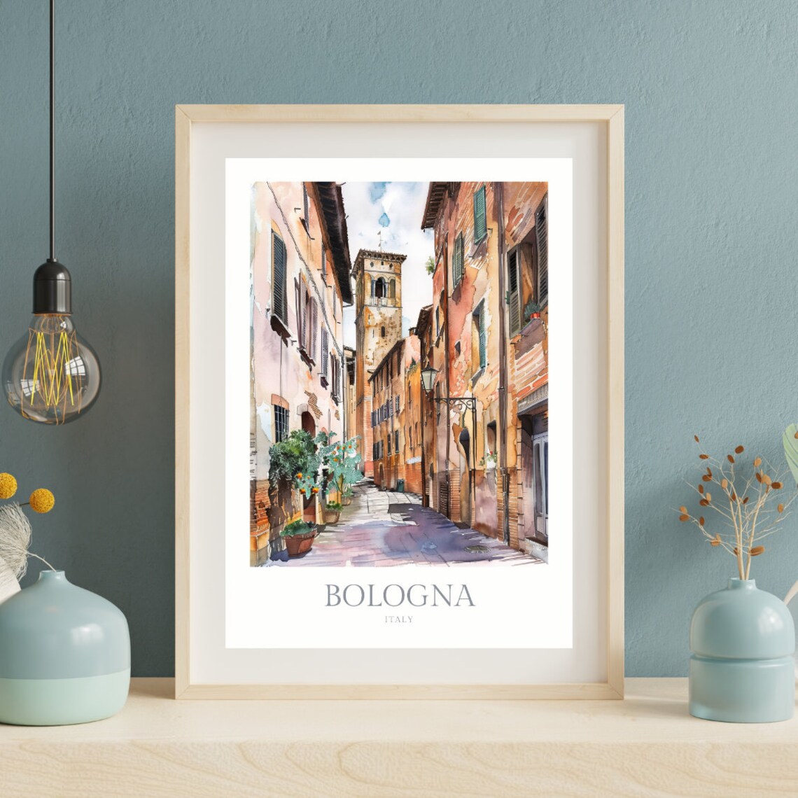 Bologna Italy Medieval Street Tower Old Town Watercolor Travel Poster - Image 2