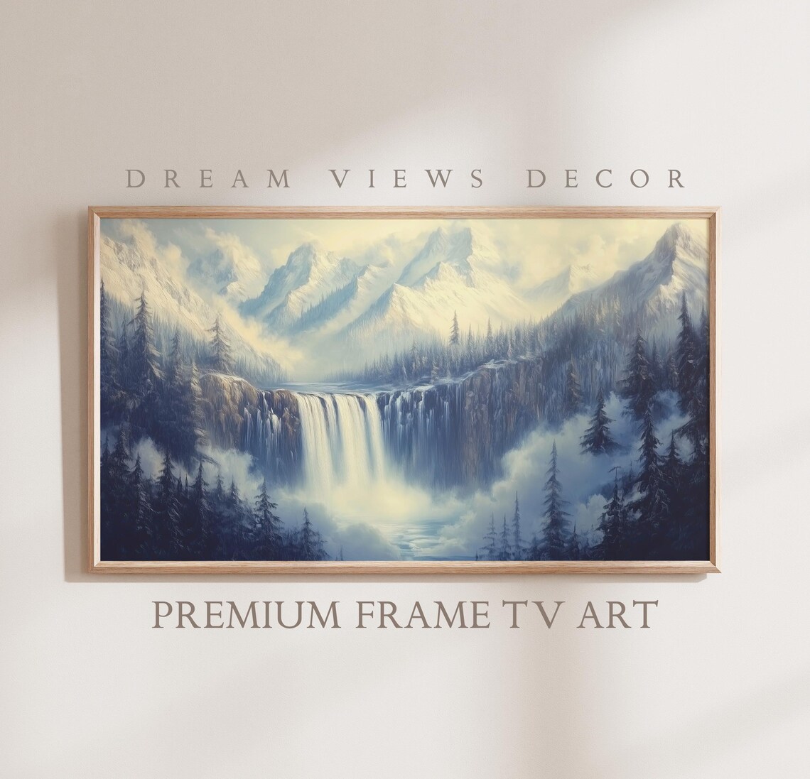 Winter Waterfall Snowy Mountain Vintage Oil Painting Landscape Poster