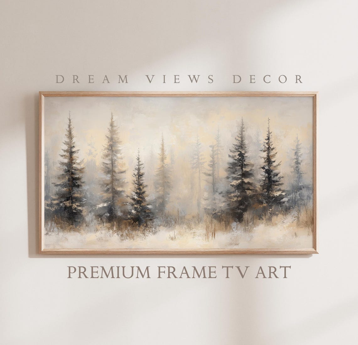 Neutral Beige Misty Pine Forest Minimal Winter Watercolor Wall Art