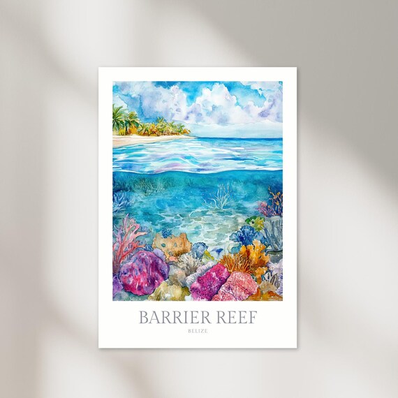 Belize Barrier Reef Coral Island Split View Watercolor Poster