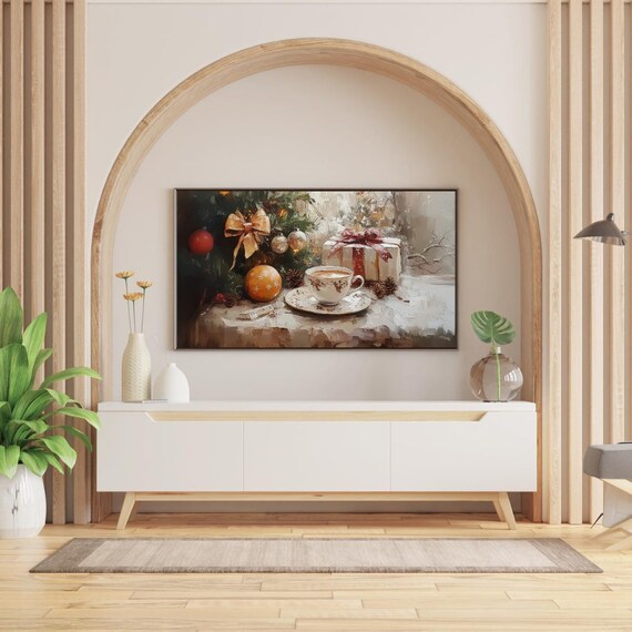Vintage Christmas Still Life Ornaments Gift Teacup Oil Painting Wall Art