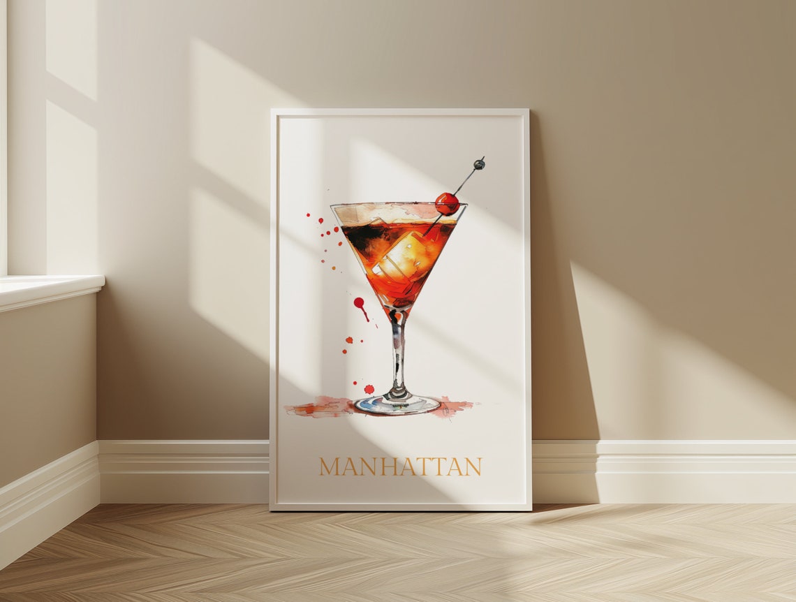 Manhattan Cocktail Cherry Watercolor Bar Kitchen Decor Poster