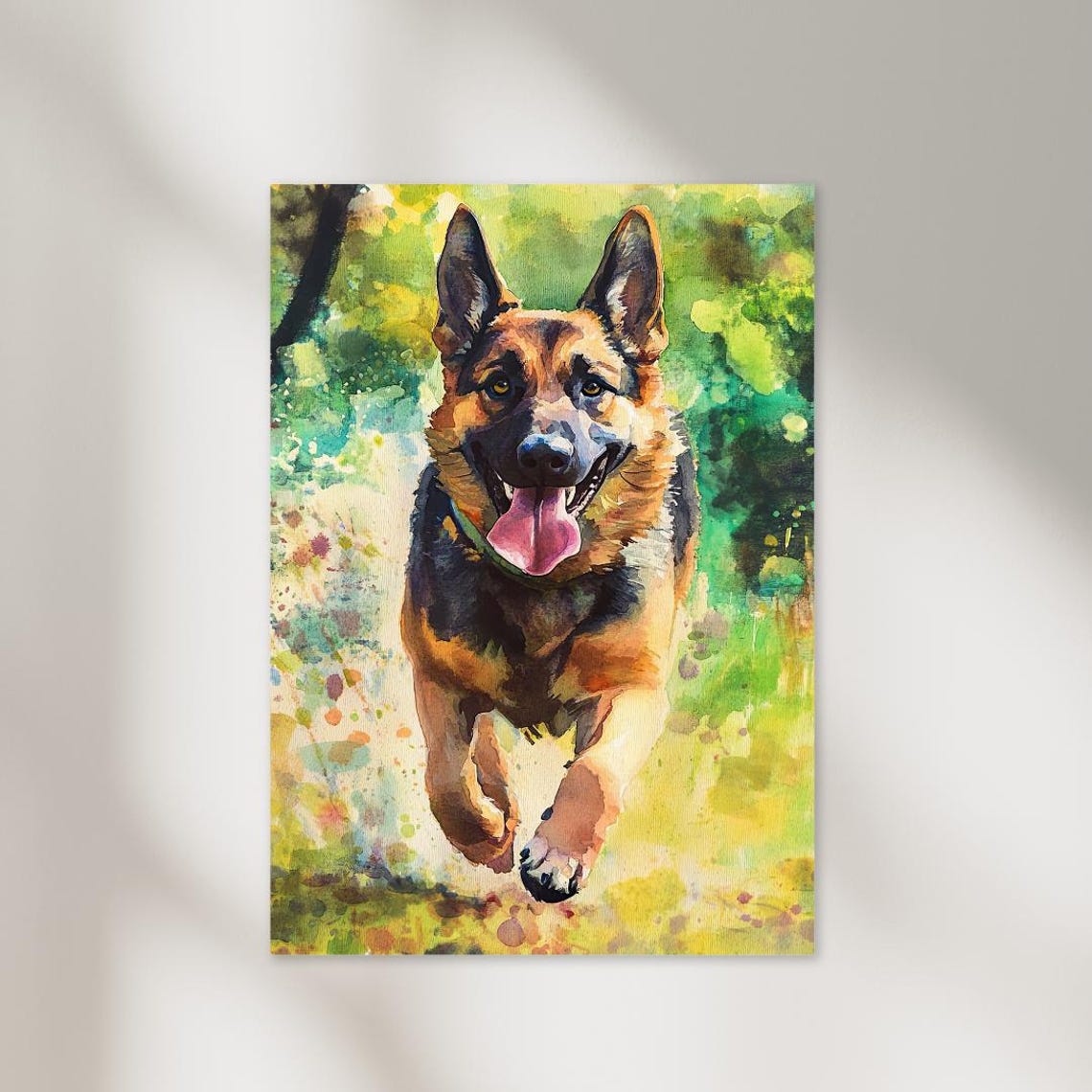 German Shepherd Dog Running Through Meadow Watercolor Art Poster