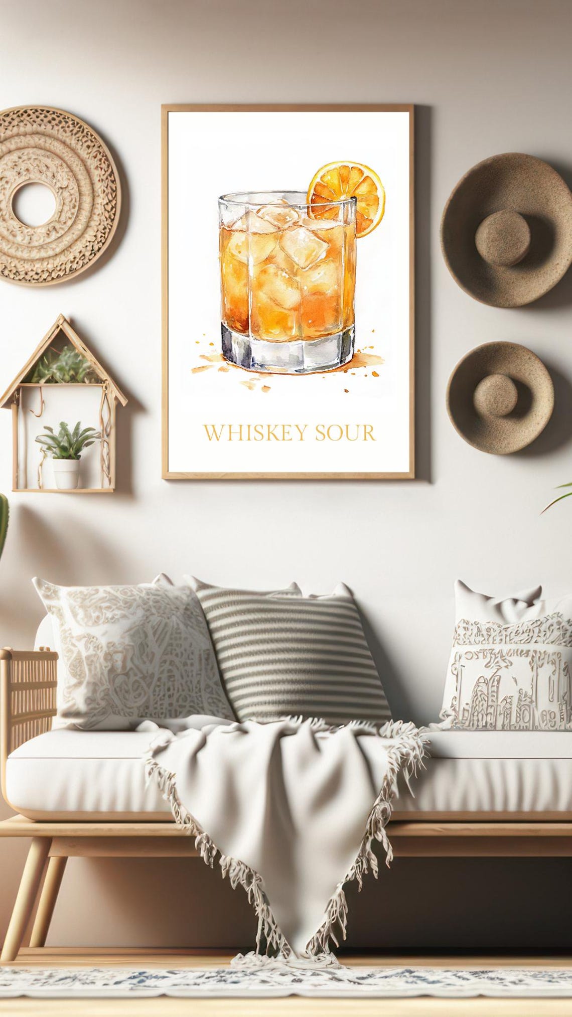 Whiskey Sour Watercolor Cocktail Poster Orange Slice Bar Cart Decor - Image 2