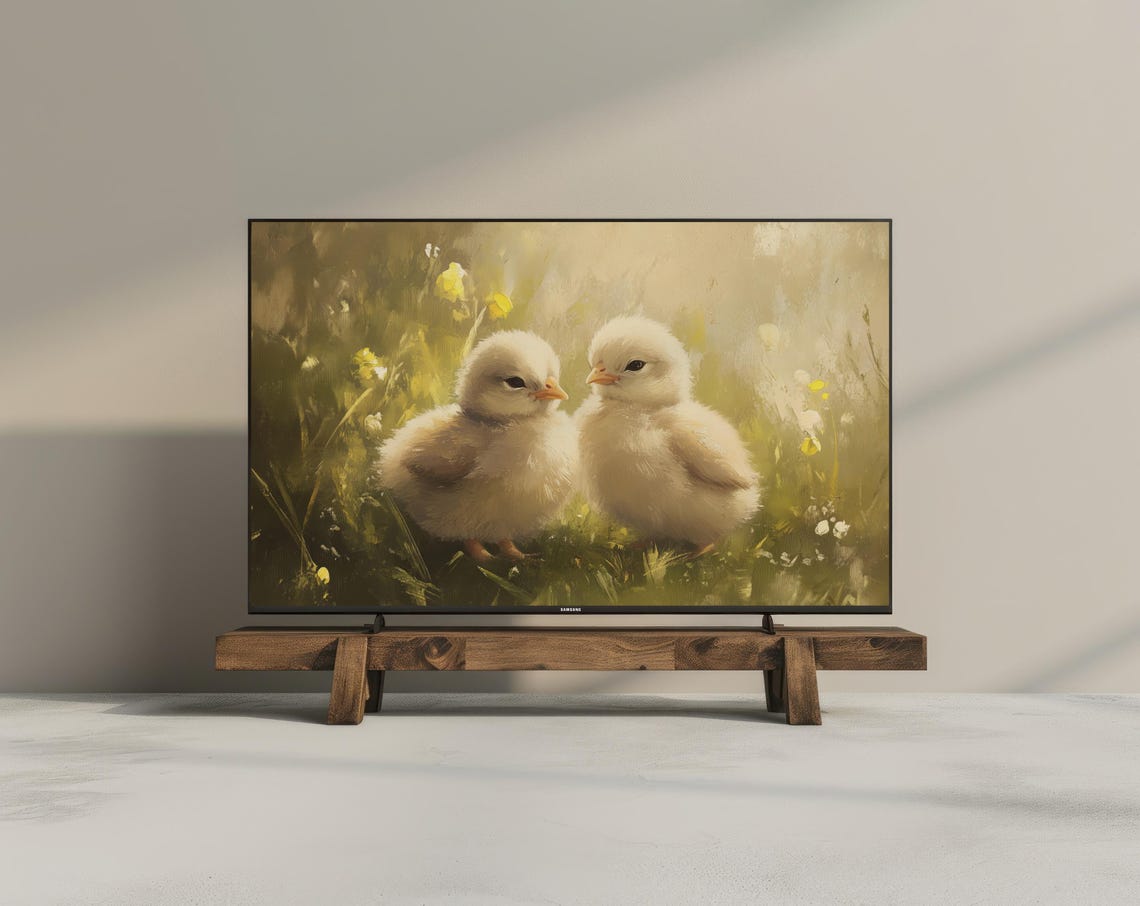 Two Baby Chicks Spring Grass Vintage Rustic Chick Oil Painting Poster - Image 3