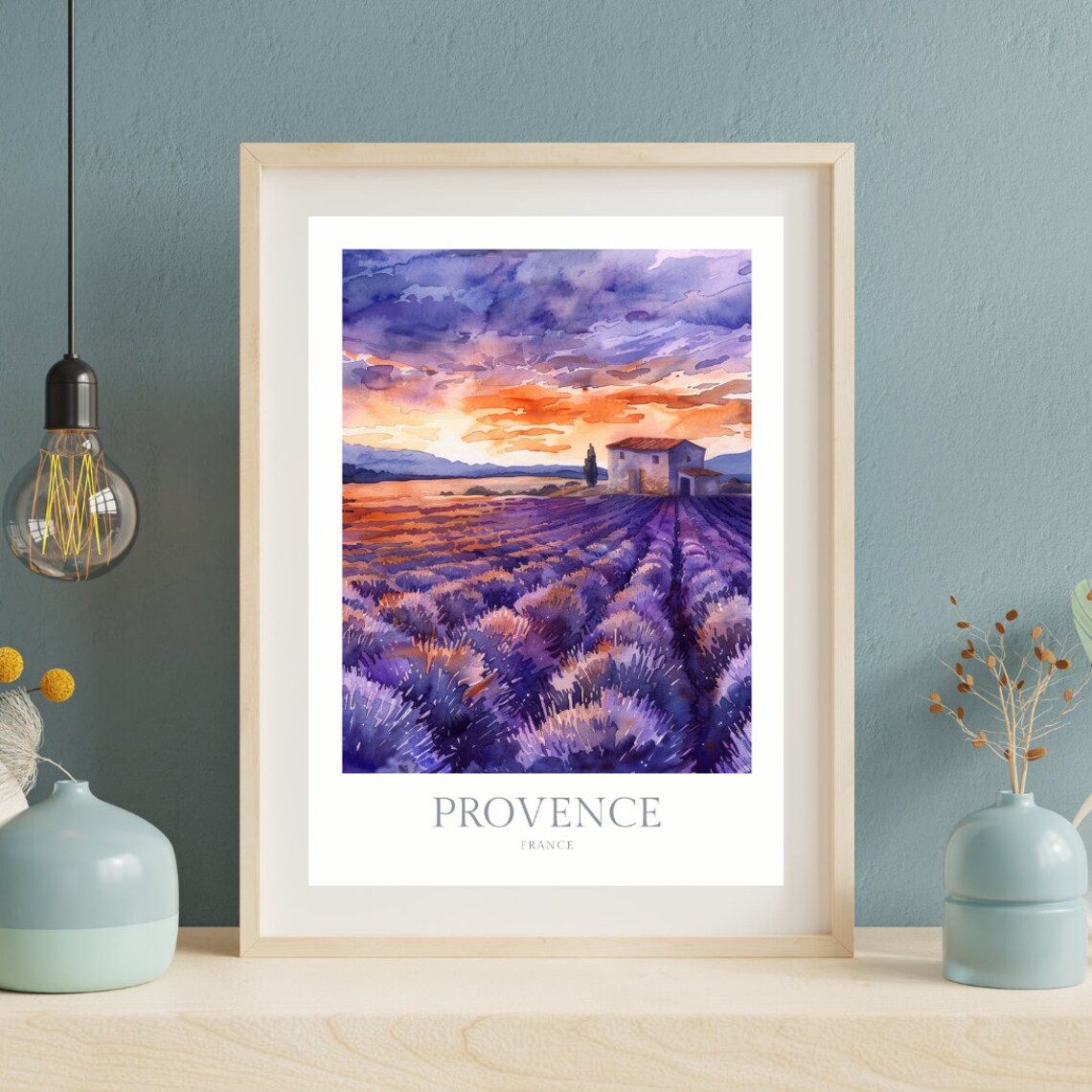 Provence France Lavender Field Sunset Farmhouse Watercolor Poster - Image 2