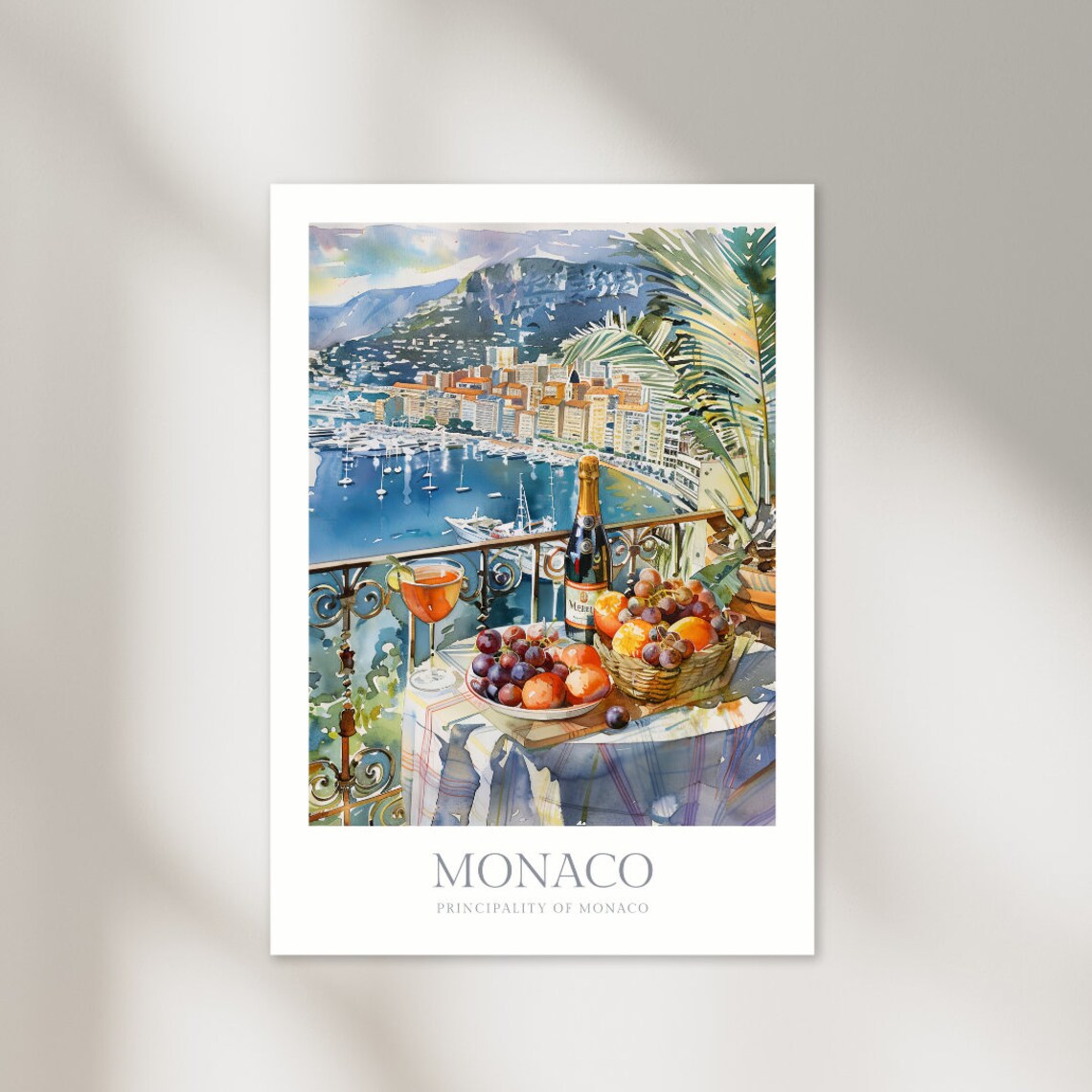 Monaco Watercolor Harbor Balcony Champagne French Riviera Poster