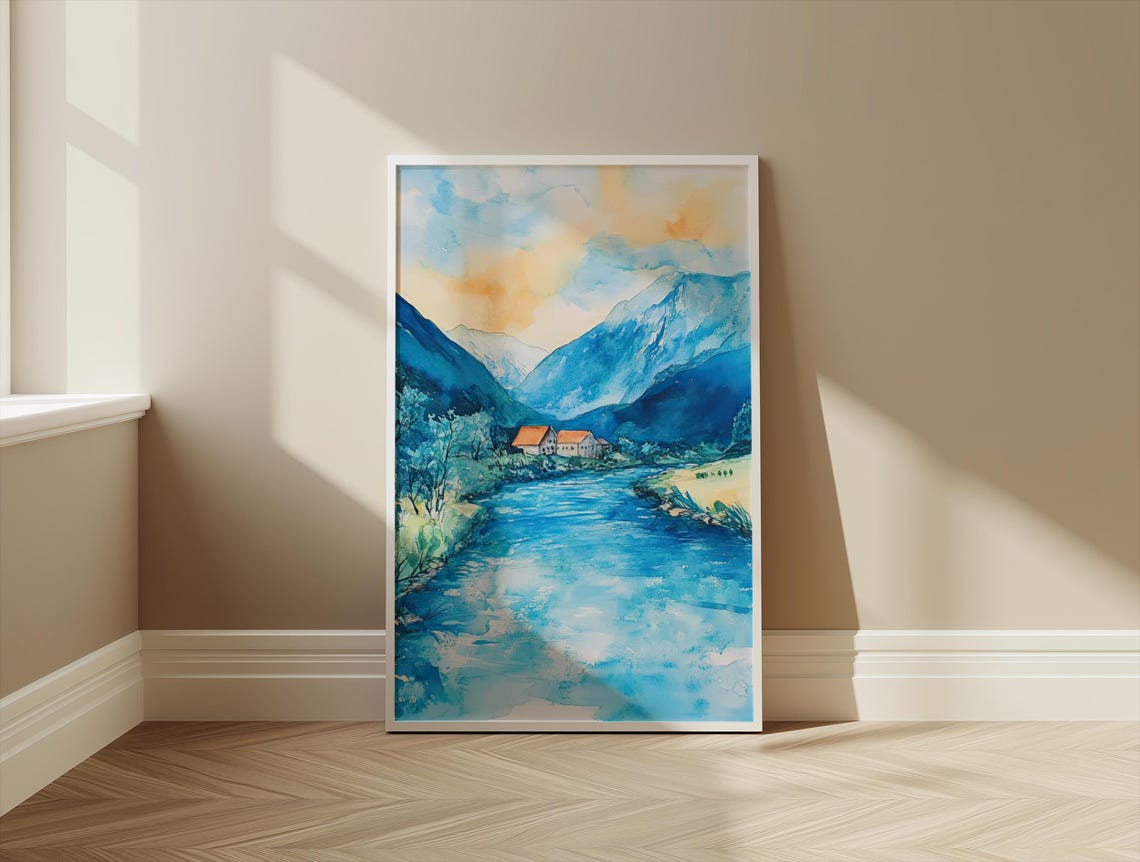 Mountain River Valley Watercolor Landscape Log Cabin Art Poster - Image 3