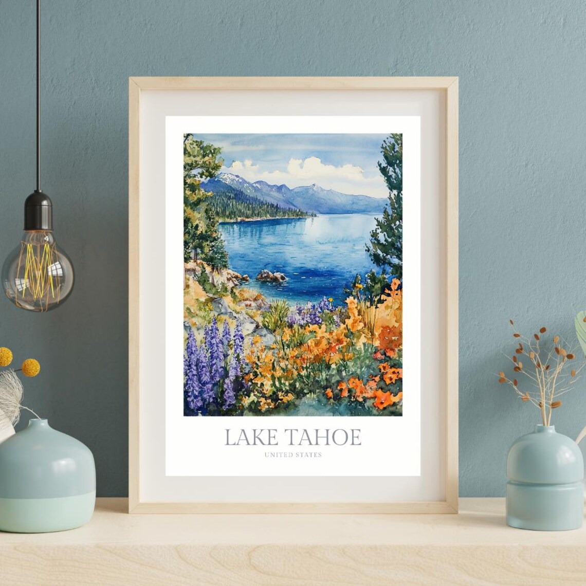 Lake Tahoe United States Wildflower Shoreline Watercolor Poster - Image 2