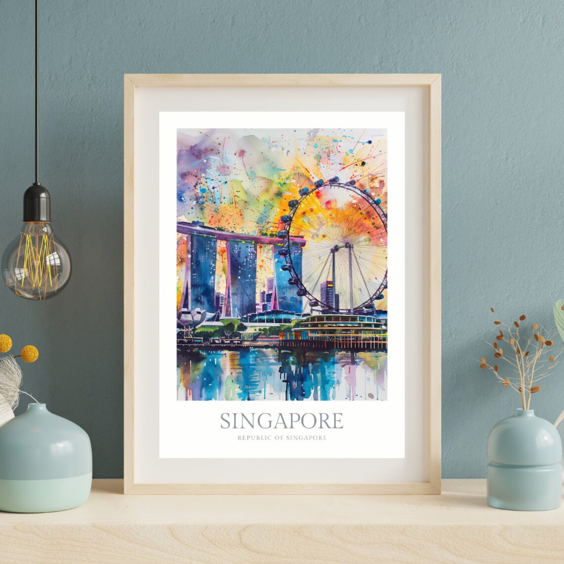 Singapore Flyer Marina Bay Sands Ferris Wheel Watercolor Travel Poster - Image 3