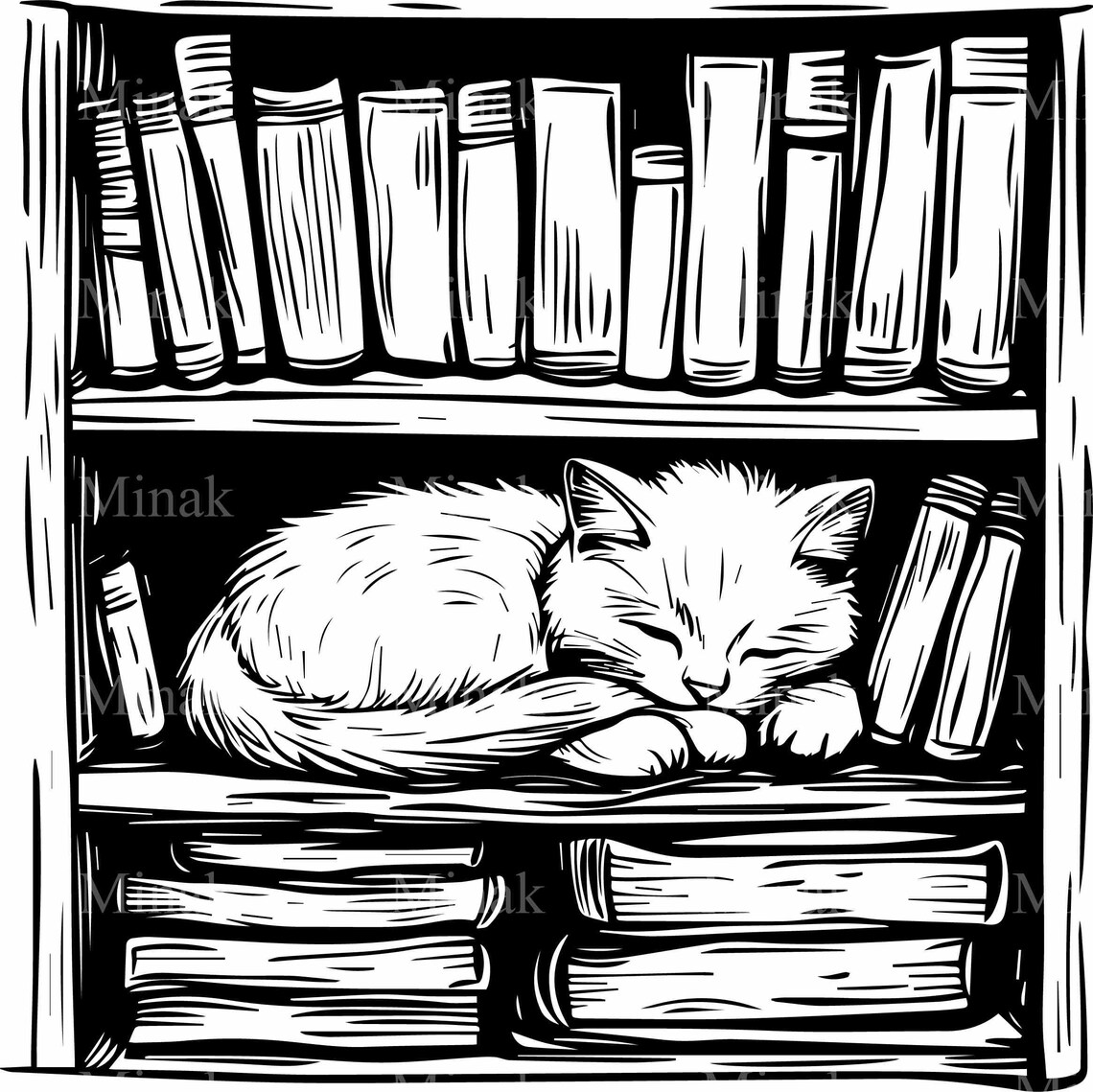Sleeping Cat On Bookshelf, Book Lovers Design