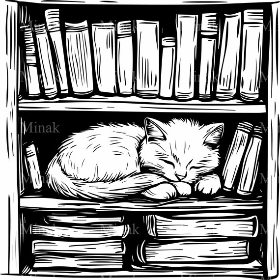Sleeping Cat On Bookshelf, Book Lovers Design