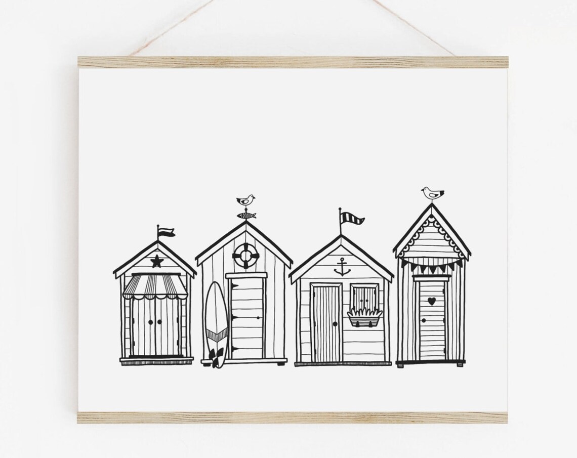 Beach Huts Black And White Line Art, Coastal Decor - Image 2