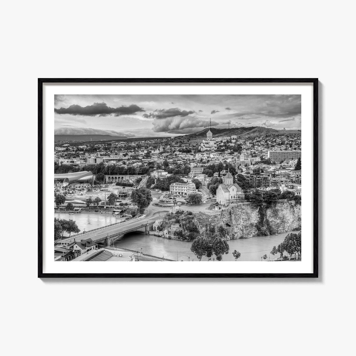 Tbilisi Georgia Old Town River Churches Black and White City Poster